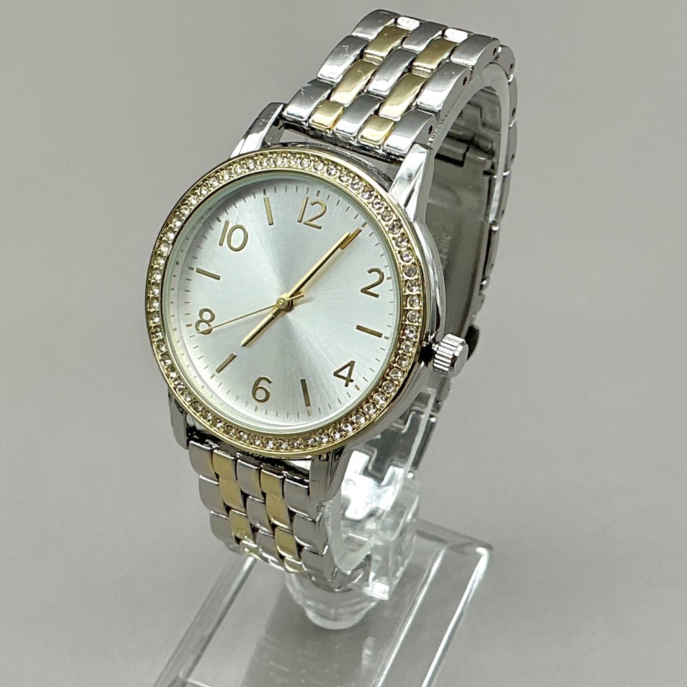 Bezel Watch Womens 3E1109 Two Tone Gold Silver Crystal Bracelet 7" NEW BATTERY